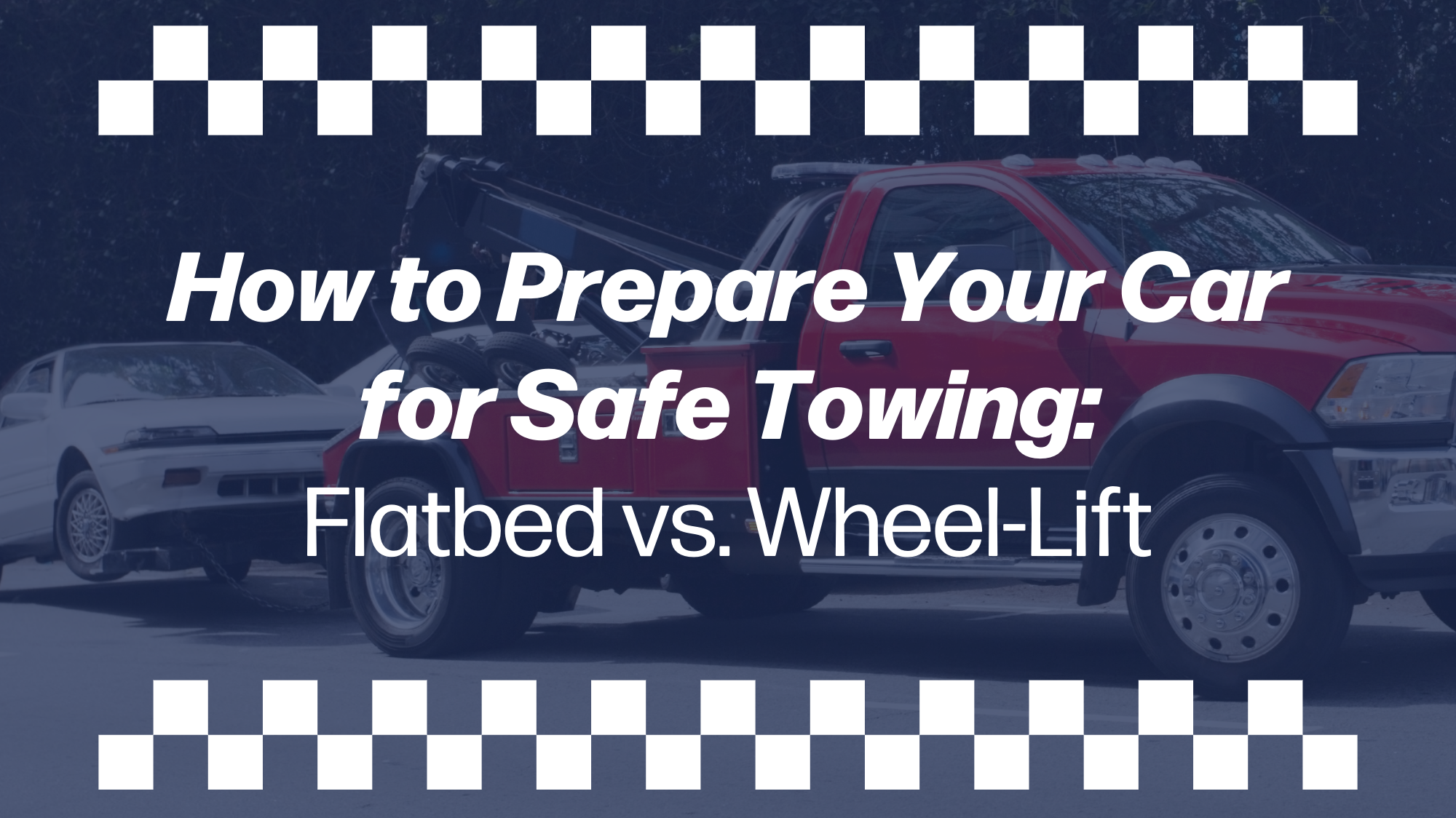 Red tow truck preparing to transport a disabled car with flatbed towing—learn how to safely prepare your vehicle for flatbed or wheel-lift towing in Southern California.